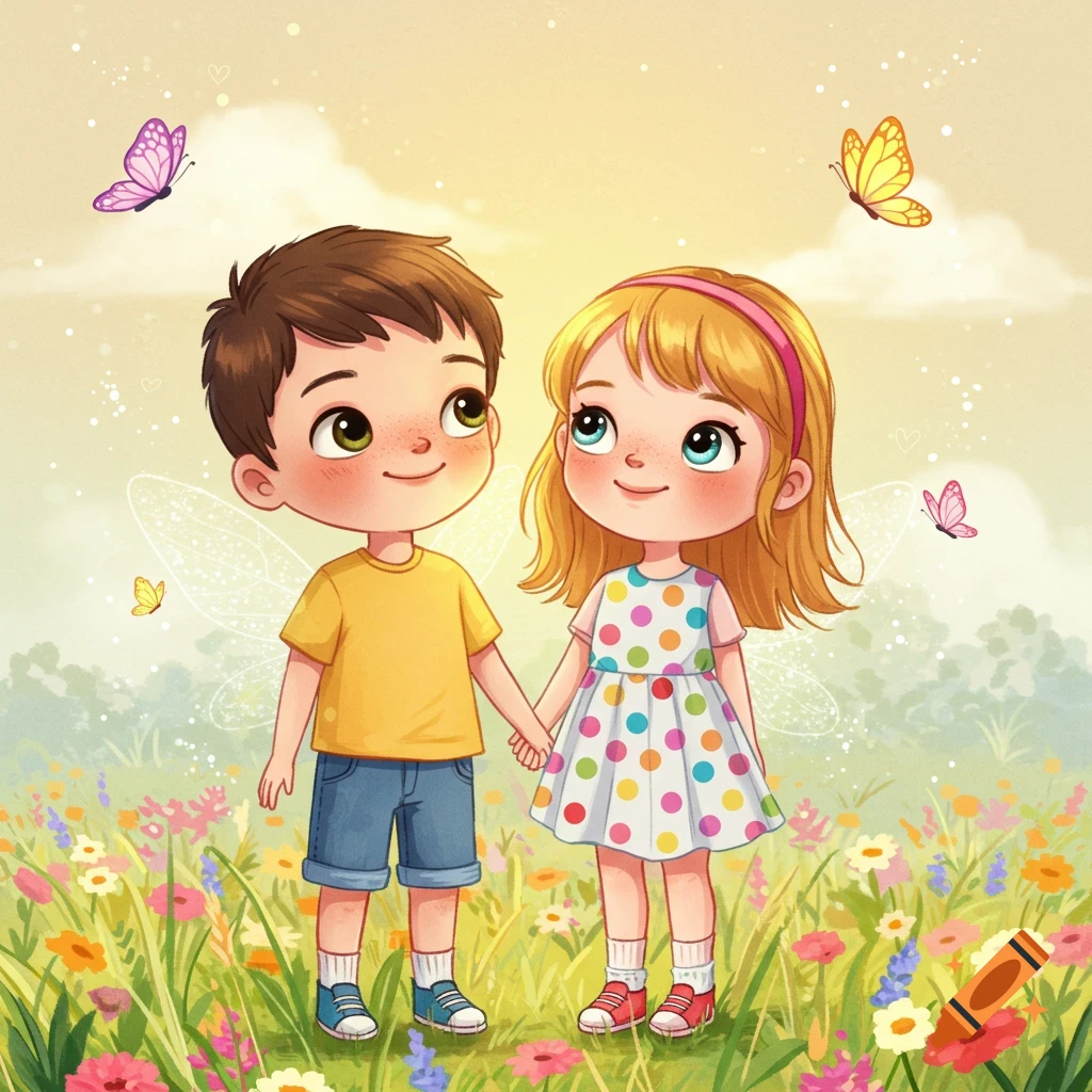 Cute cartoon boy and girl holding hands in a field of colorful flowers with butterflies.
