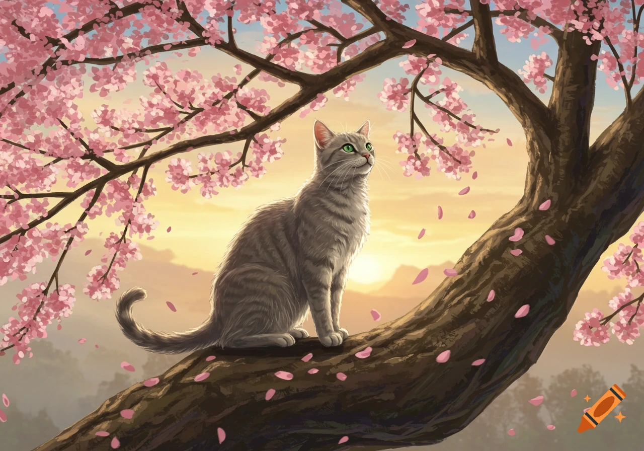 A grey tabby cat with green eyes sits on a cherry blossom tree branch as pink petals fall, against a sunset sky. Detailed illustration.