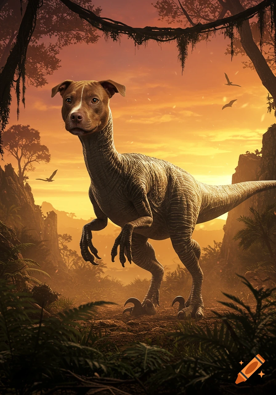A brown pitbull head on a velociraptor body stands in a prehistoric jungle at sunset.
