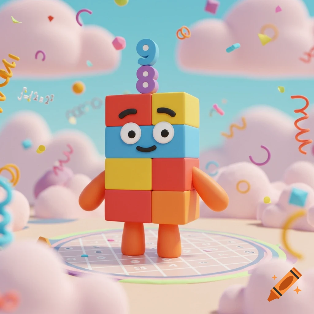 A colorful block character with numbers 9 and 8 on its head stands on a grid, surrounded by pink clouds and confetti in a whimsical 3D render.