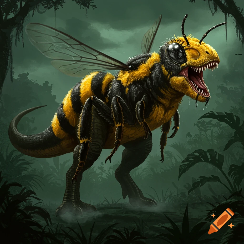 A scary bee T-Rex hybrid with yellow and black stripes, large wings, and sharp teeth stands in a dark jungle.