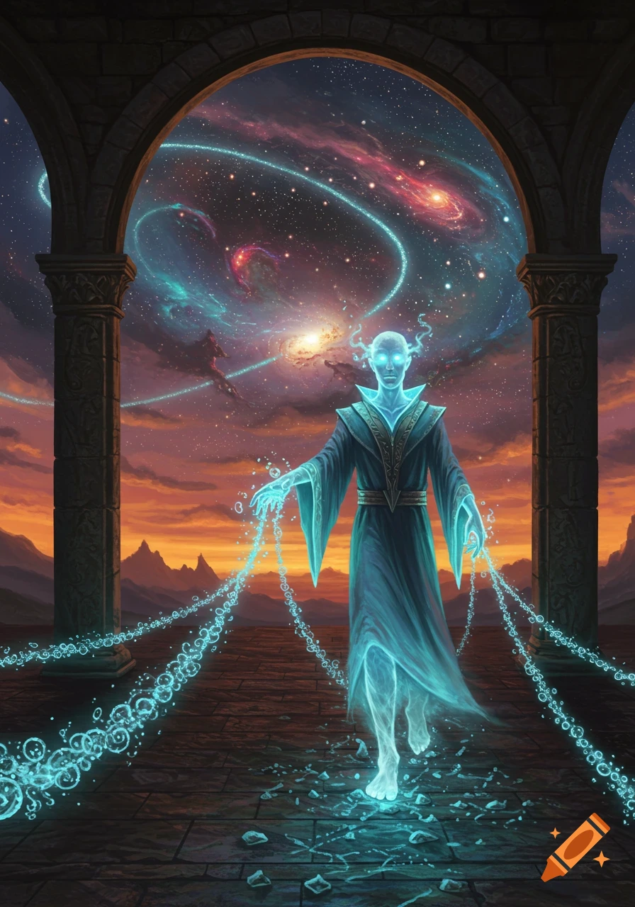 An ethereal glowing figure in robes stands under stone arches, breaking chains of light, with a vibrant cosmic sky of galaxies and stars.