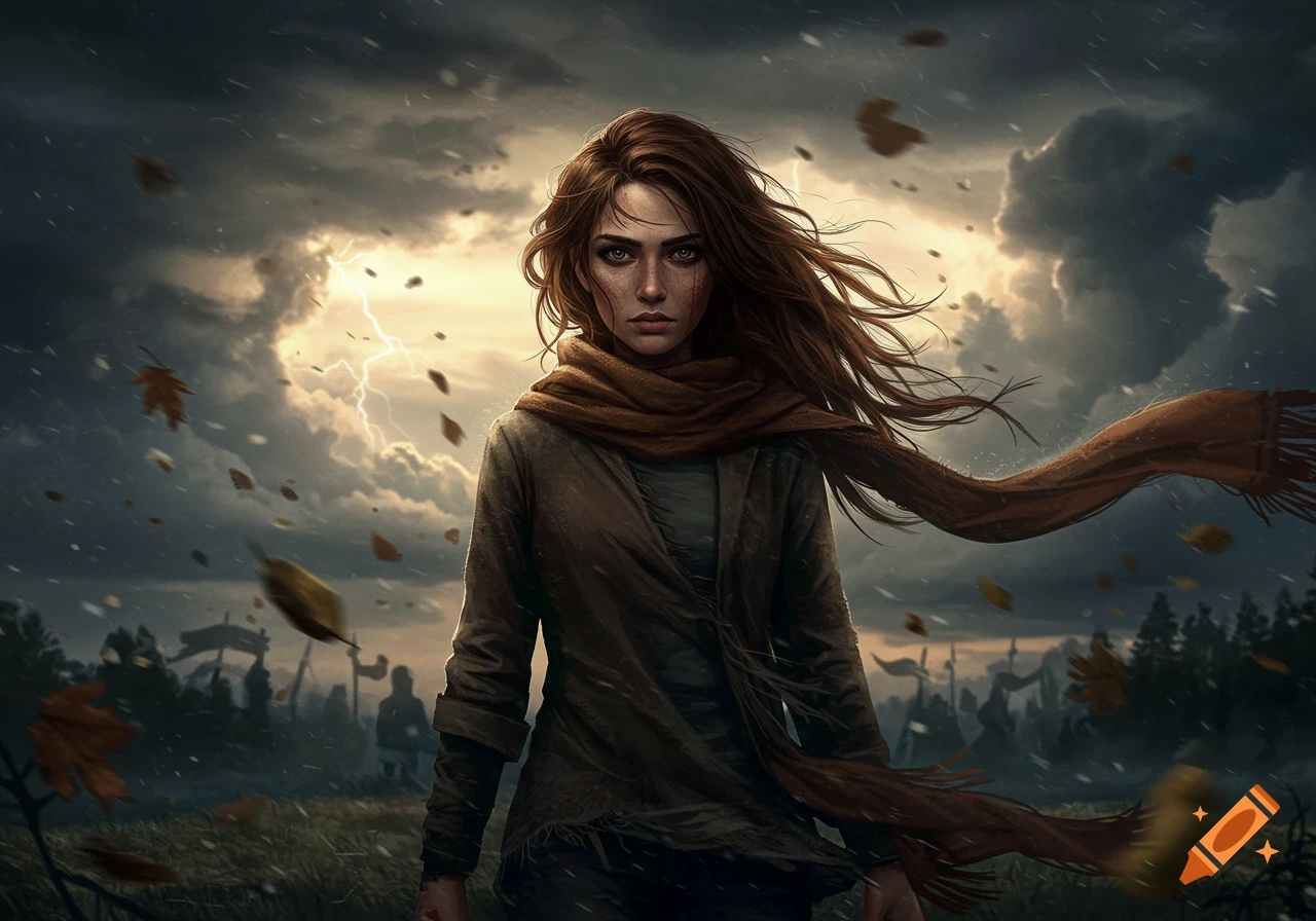 A determined young woman with long brown hair and a scarf stands in a stormy field with lightning and falling leaves.