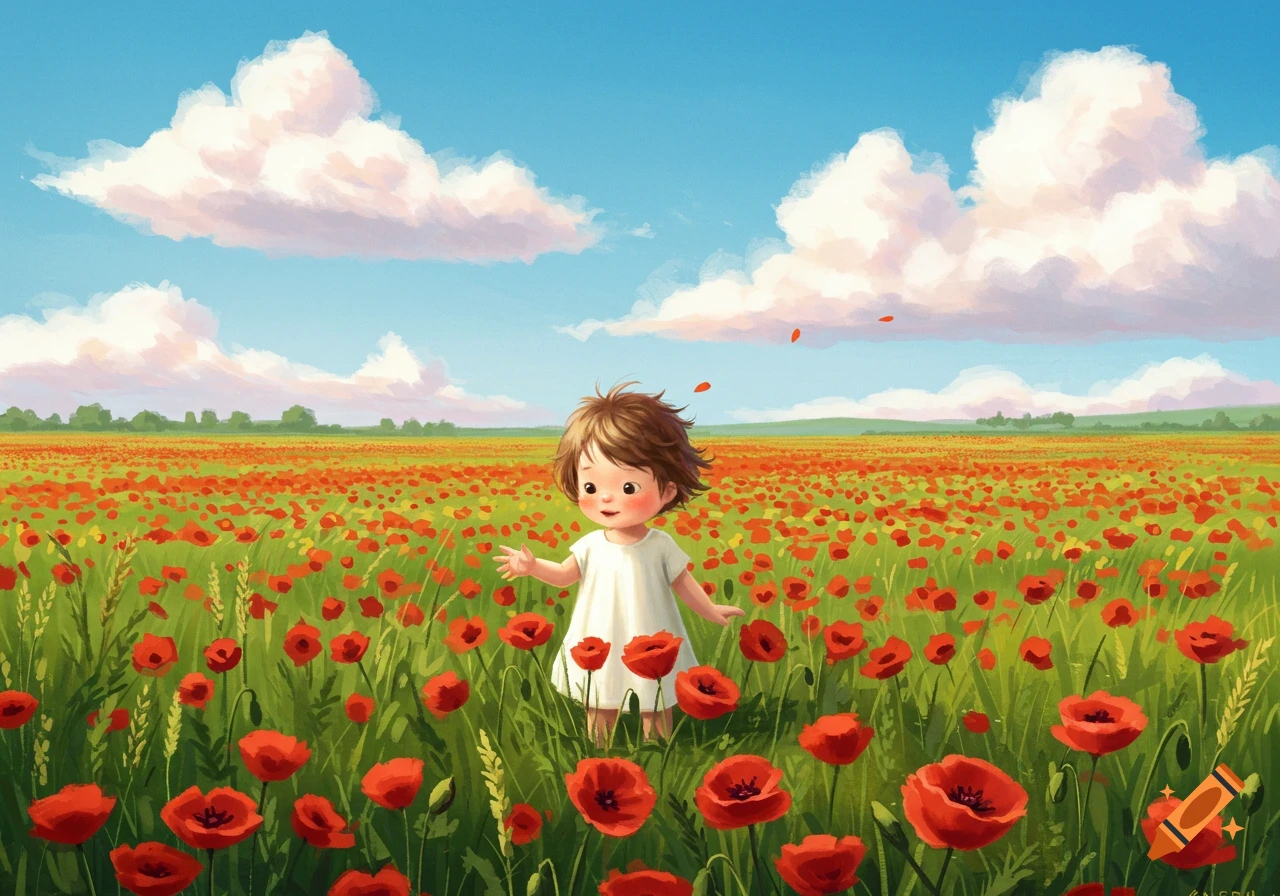 A cute child in a white dress stands in a vibrant field of red poppies under a bright blue sky, in a painterly style.