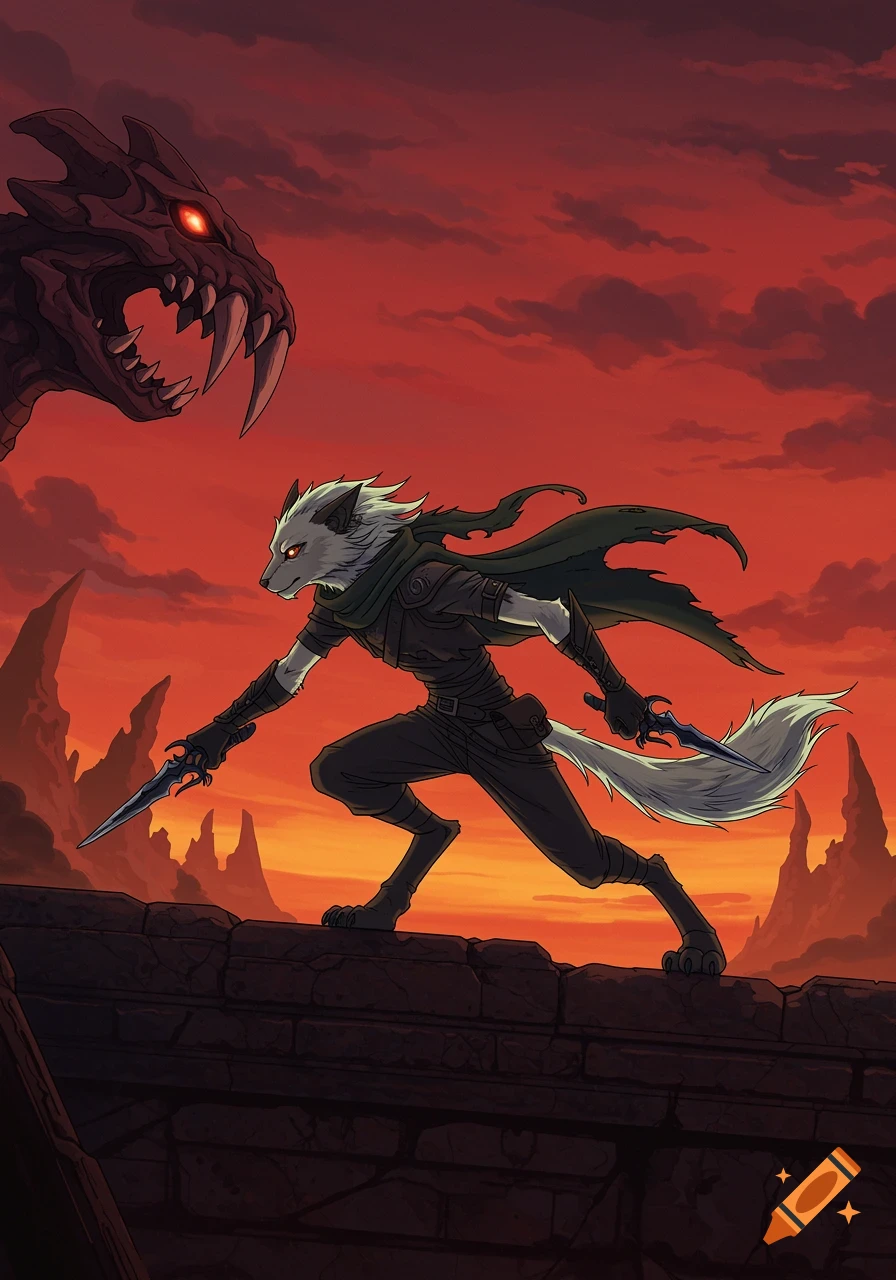 A white-furred wolf-like humanoid with daggers stands on a stone wall, facing a large dragon head under a red dusk sky. Anime fantasy style.