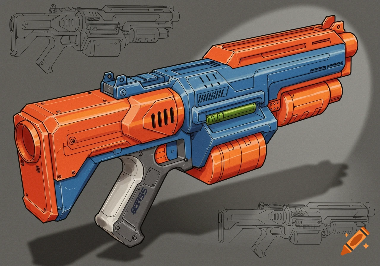 Illustration of a vintage 1994-style Nerf blaster toy gun in orange and blue, with schematic outlines in the background.