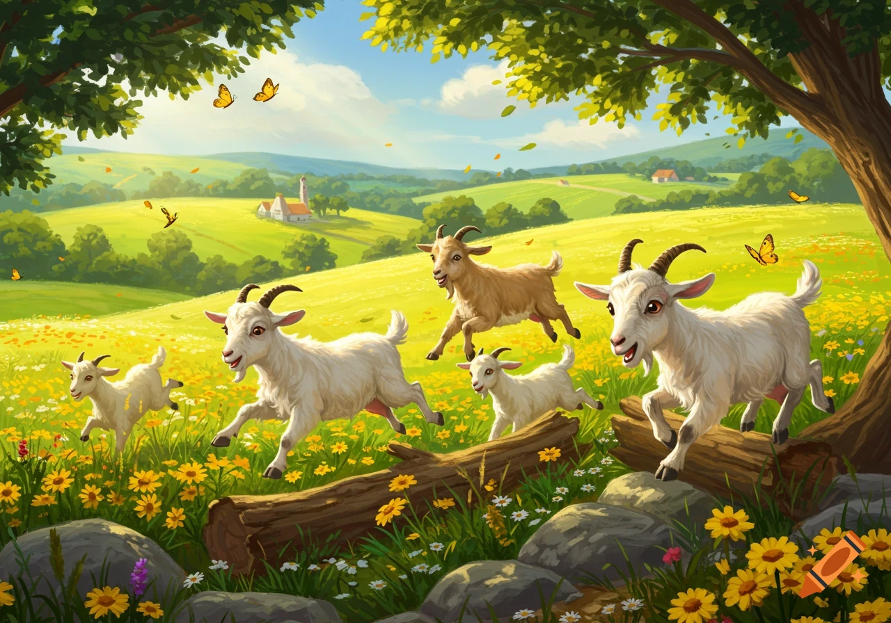 Several cartoonish goats run through a vibrant green field filled with yellow flowers under a sunny blue sky with trees.