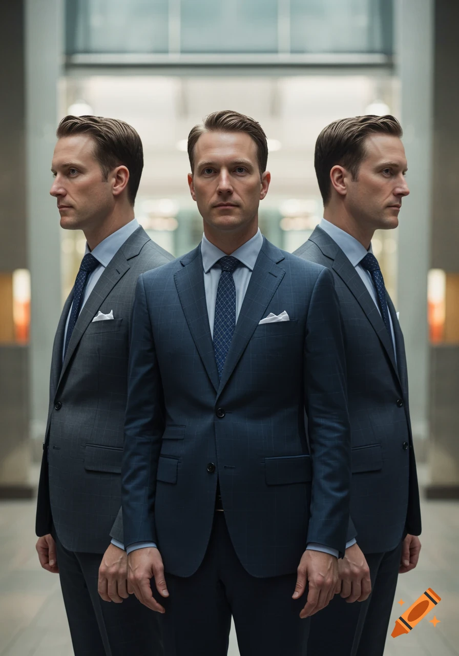 Three identical men in suits pose in a modern building, one looking forward, two looking to the sides.