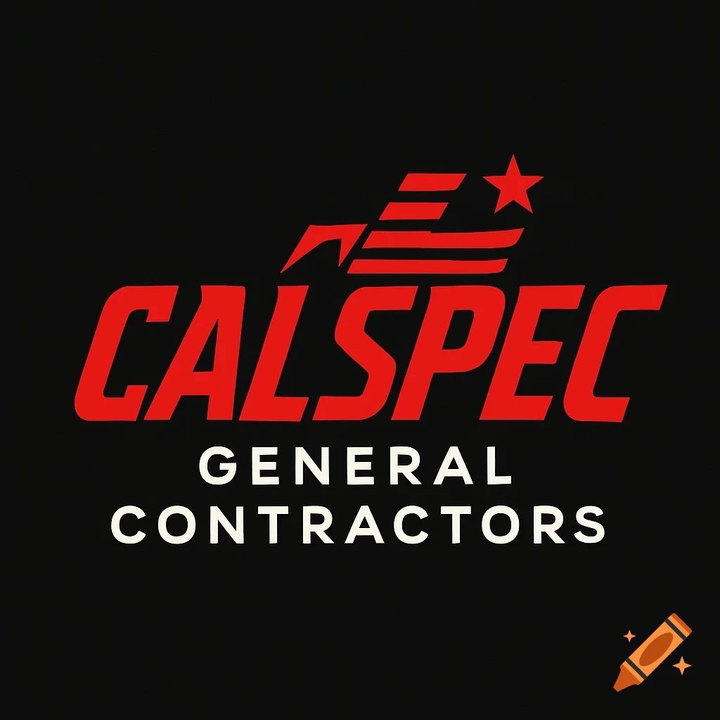 A modern logo for CALSPEC General Contractors, featuring red and white text and a stylized red American flag emblem on a black background.