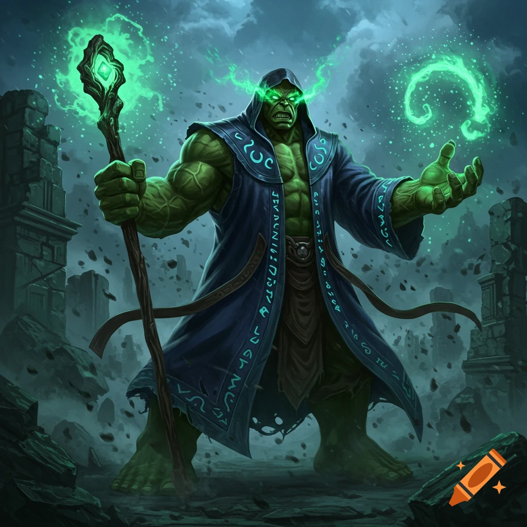 A muscular green humanoid wizard in a blue robe, resembling Hulk, casting green magic from his hands and staff amidst ruins.
