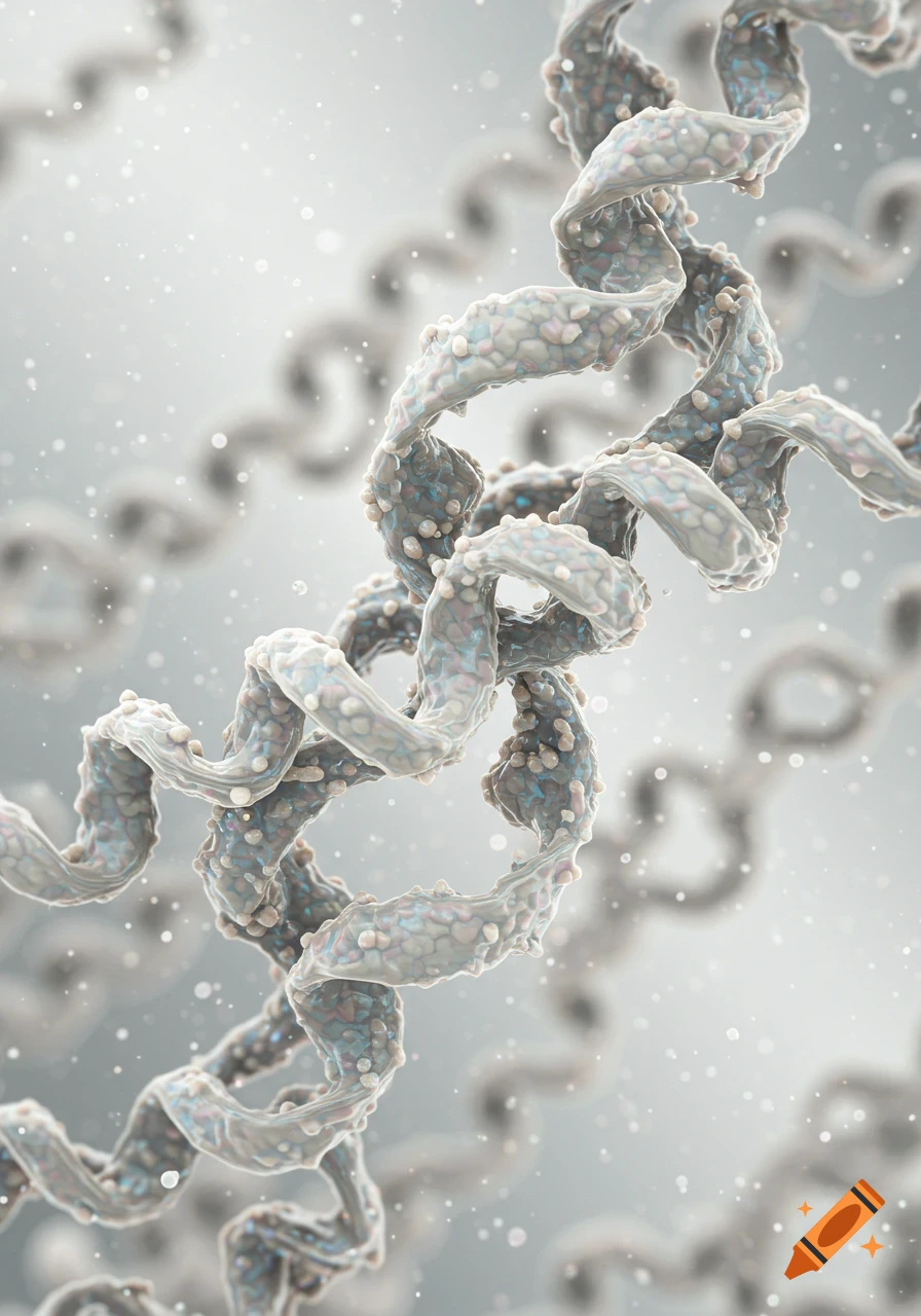 Close-up of twisted, rope-like collagen strands with granular texture on a light, blurry background.