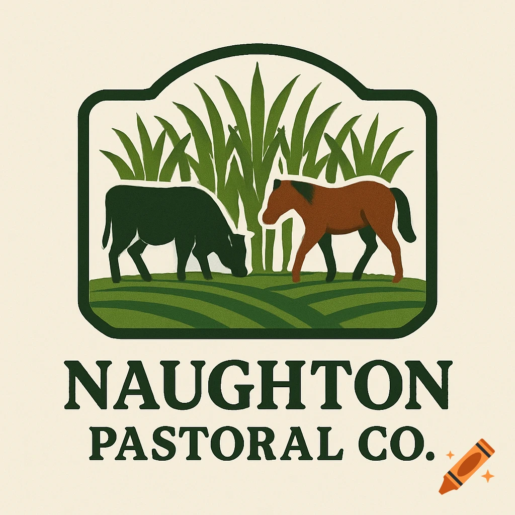A logo featuring a dark green cow and a brown horse in front of tall green grass within a shield shape, with 'NAUGHTON PASTORAL CO.' text below.