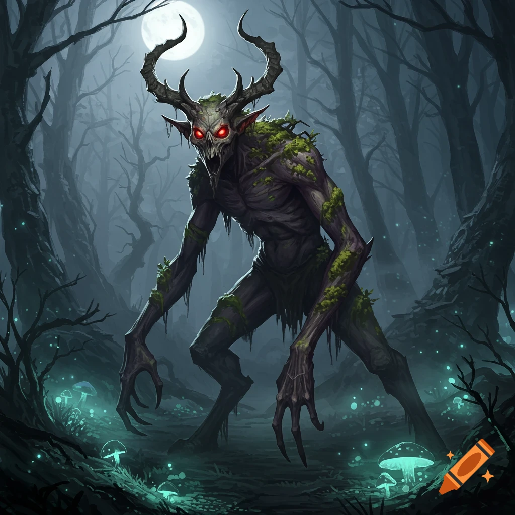 A horned, skeletal creature with glowing red eyes and moss on its body stands in a dark, misty forest with glowing blue mushrooms under a full moon.