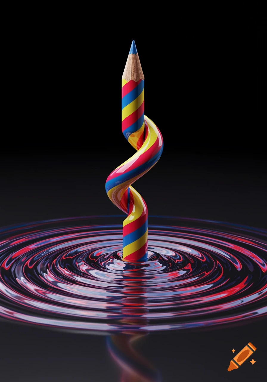 A twisted pencil, striped with red, yellow, and blue, emerges from a reflective dark puddle with ripples.