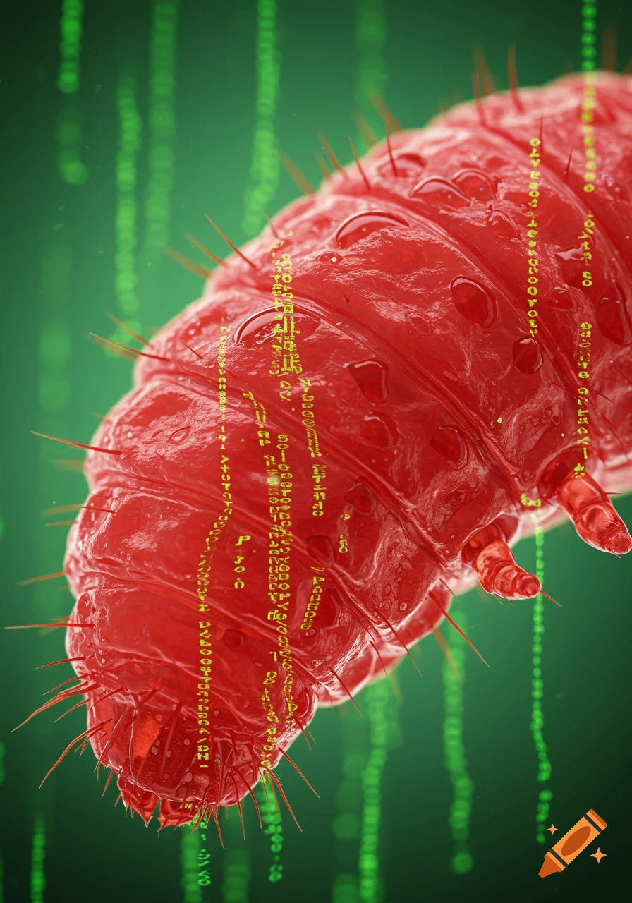 Microscopic close-up of a red, spiny maggot with liquid droplets and green matrix-like code overlaid.