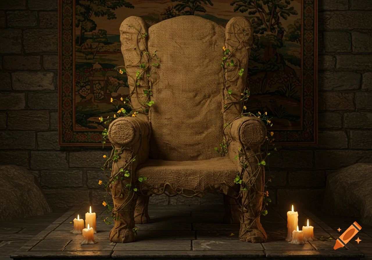 An ornate burlap throne covered in green vines and yellow flowers, illuminated by candles in a stone room with a tapestry.