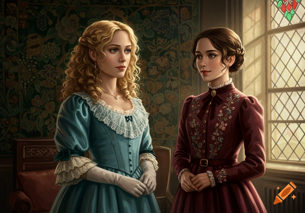 Two young women in ornate Victorian dresses, one blonde in blue and one brunette in maroon, stand in a richly decorated room.