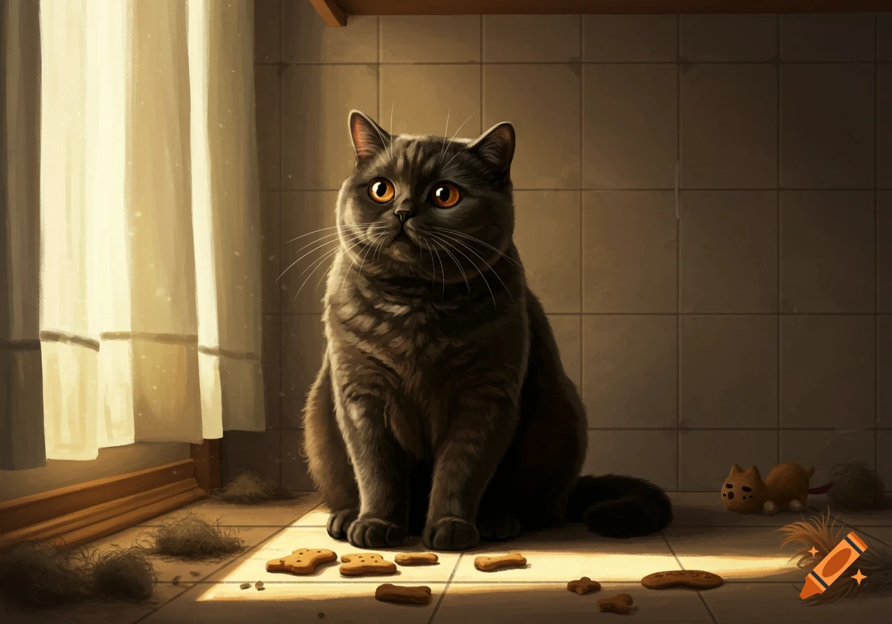 A dark gray British Shorthair cat with large orange eyes sits on a tiled floor near a window, surrounded by cat biscuits and furballs.