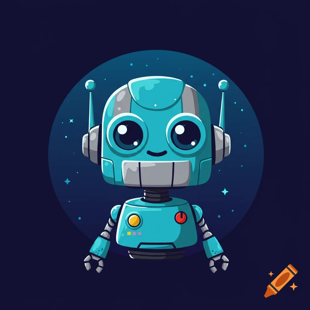 A cute cartoon robot with large eyes and antennae stands against a dark blue background with stars, in digital art style.