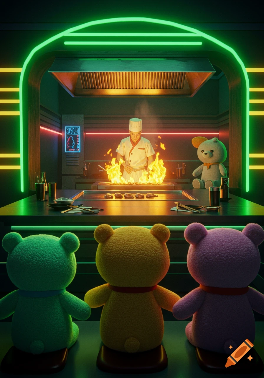 Three colorful plush bears watch a chef cooking with flames at a hibachi grill in a neon-lit restaurant, with another white plush bear seated nearby.