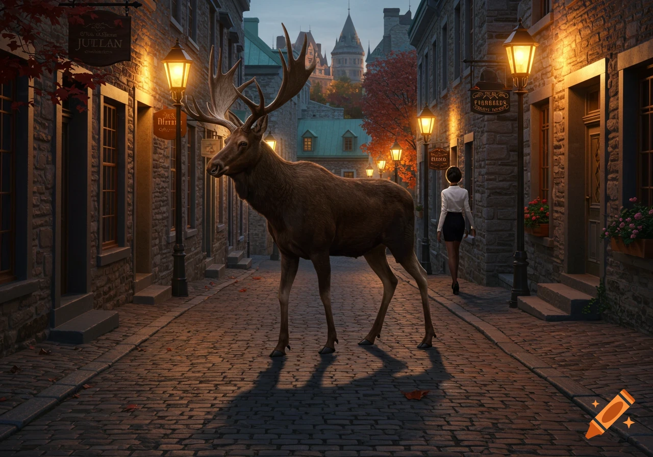 A moose walks down a cobblestone street in an old city, followed by a woman, with illuminated buildings at dusk.