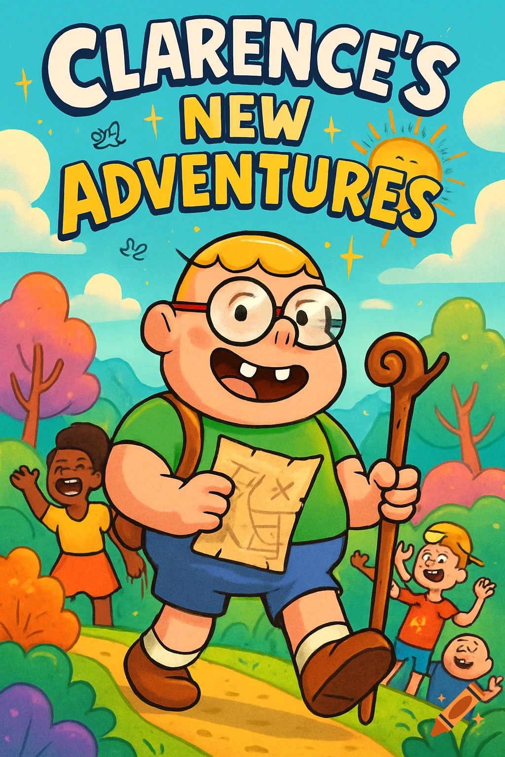 A cartoon poster featuring a boy with glasses and a backpack holding a map and a stick, walking. Other children are in the background in a vibrant, sunny landscape. The title reads "CLARENCE'S NEW ADVENTURES".