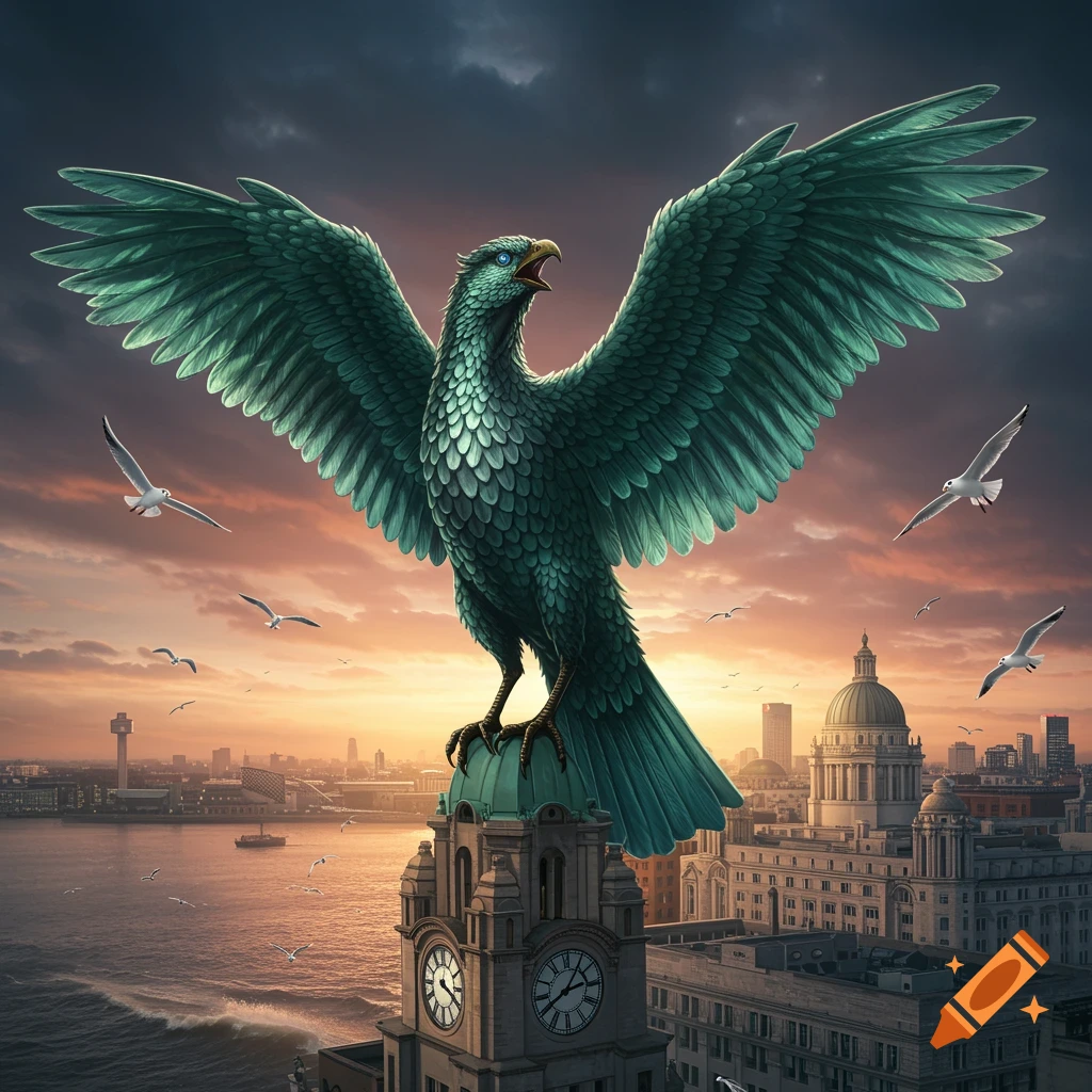 A colossal teal Liver Bird with widespread wings stands atop a clock tower, overlooking a city skyline and river at sunset.