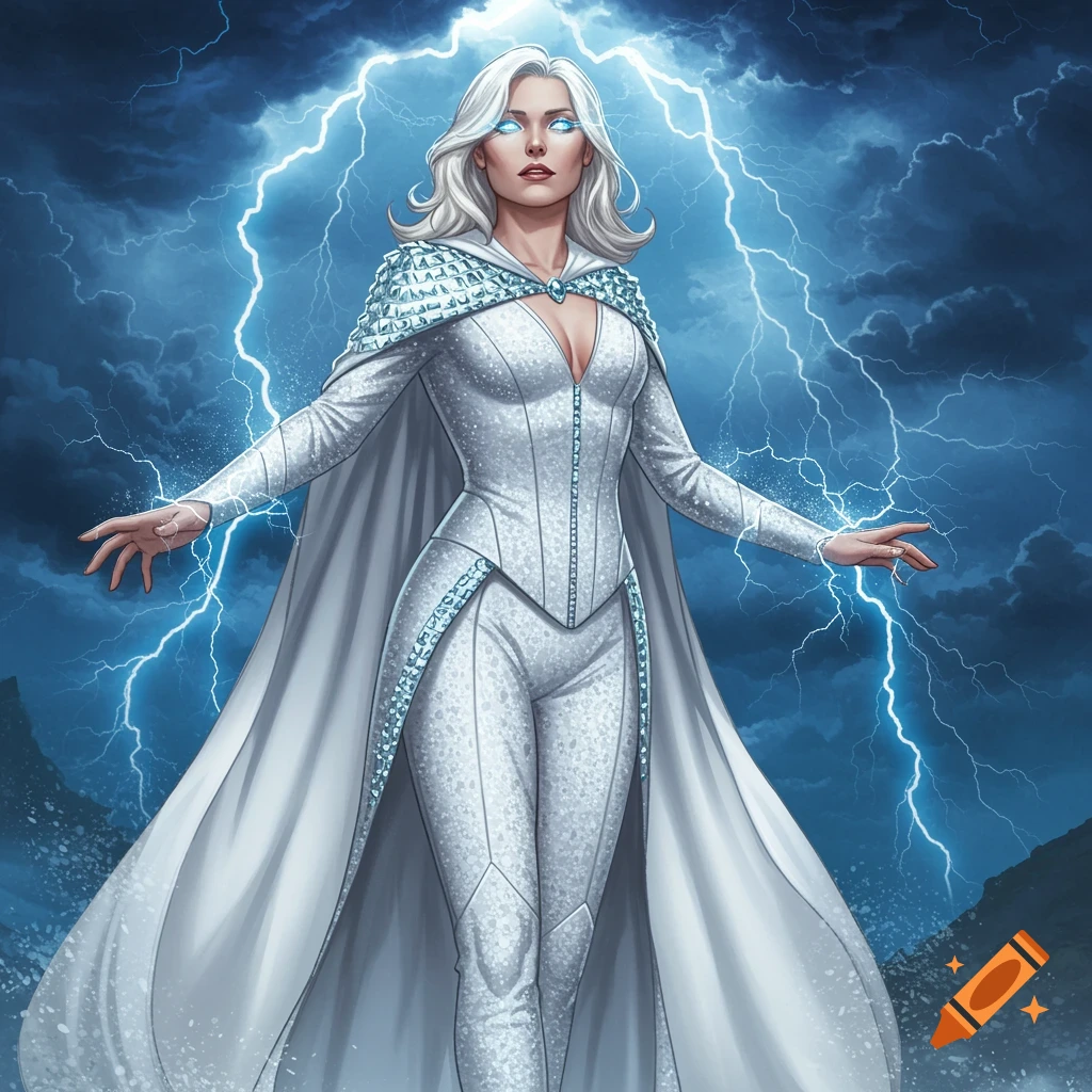 An illustrated woman with white hair in a white, jeweled superhero costume, eyes glowing, stands with arms outstretched as lightning strikes around her in a stormy sky.
