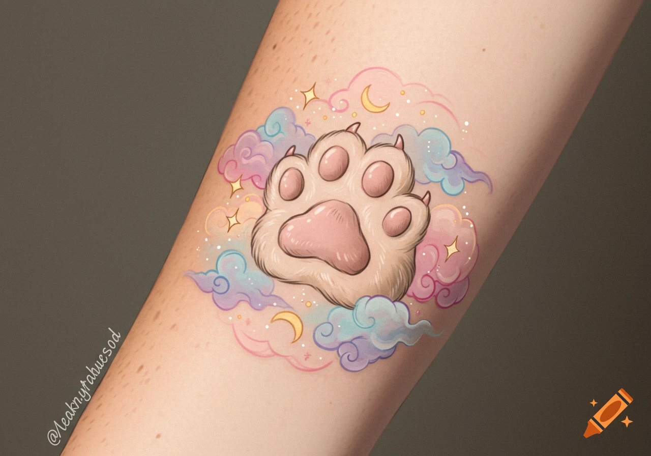 A whimsical fluffy cat paw tattoo with pink pads, surrounded by pastel clouds, stars, and crescent moons, on a person's forearm.