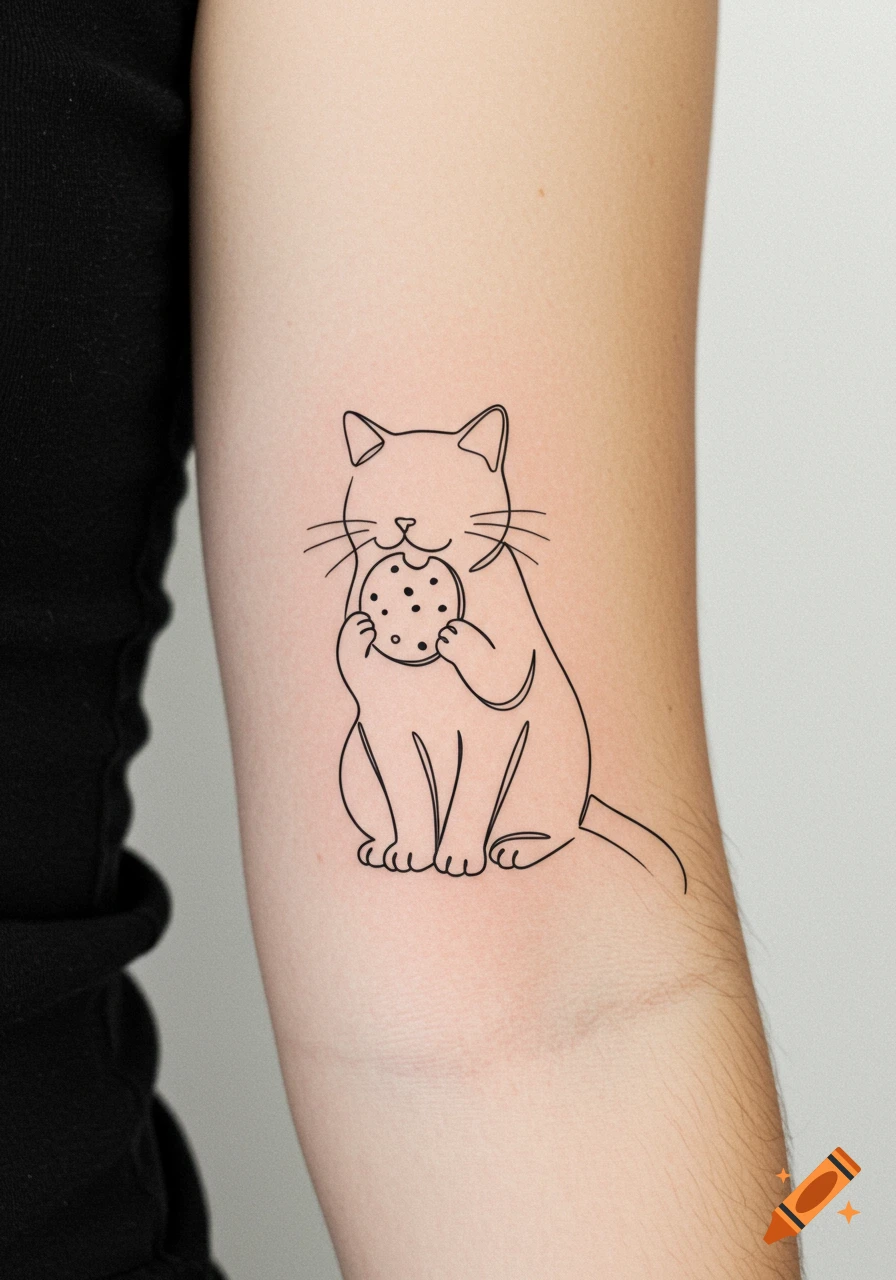 Minimalist line art tattoo of a cat holding and eating a cookie on a human arm.