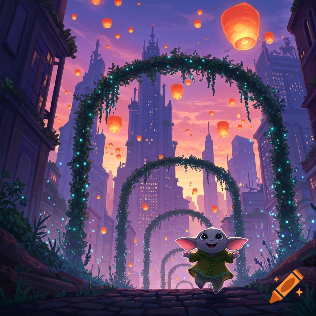 A cute, big-eared character runs joyfully down a stylized city street at sunset with glowing vine arches and many floating lanterns.