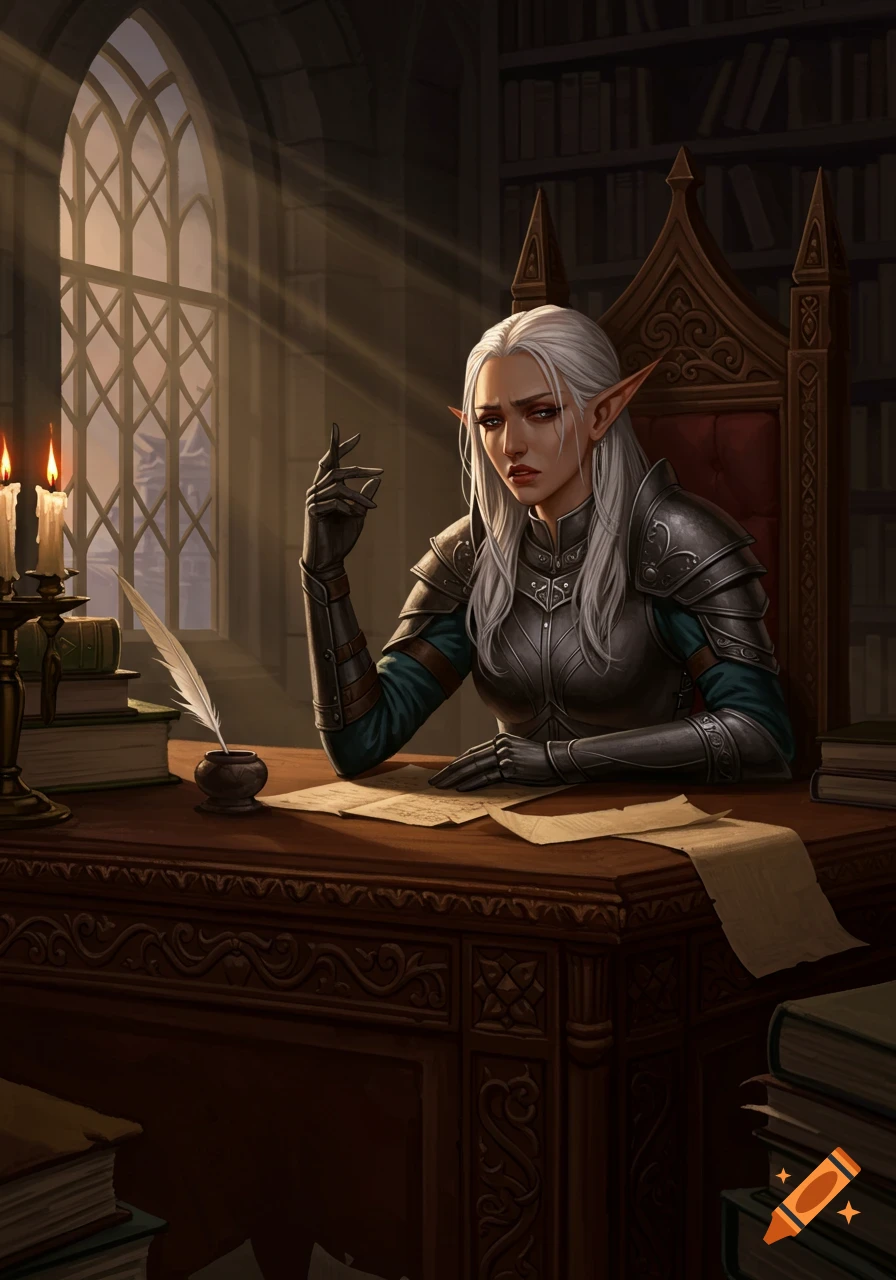 An elf female in fantasy armor sits at a wooden desk in a study, looking frustrated. Digital fantasy painting.