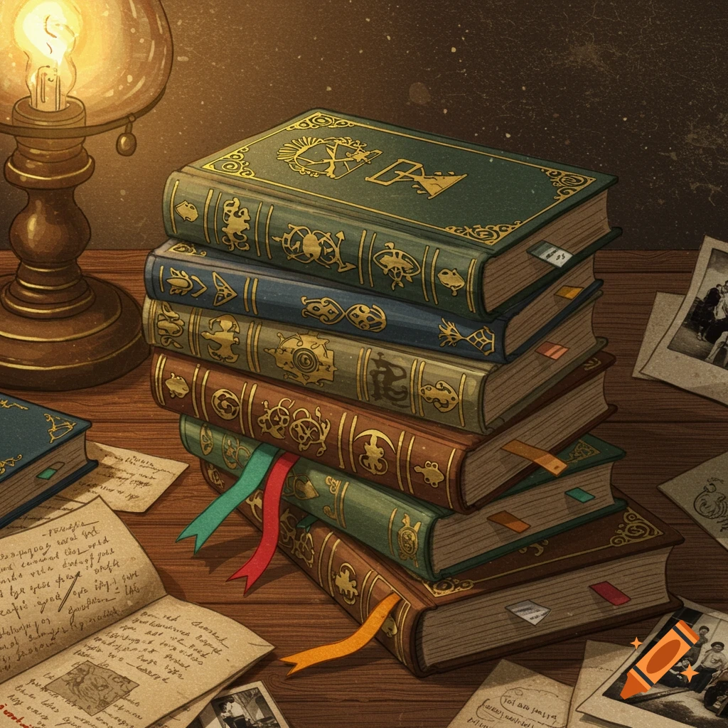 A stack of ornate, vintage books with bookmarks and an illuminated oil lamp on a wooden table, surrounded by scattered papers.
