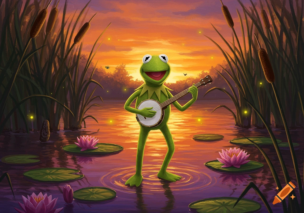Kermit the Frog plays a banjo in a pond with water lilies and cattails, under a vibrant orange sunset sky.