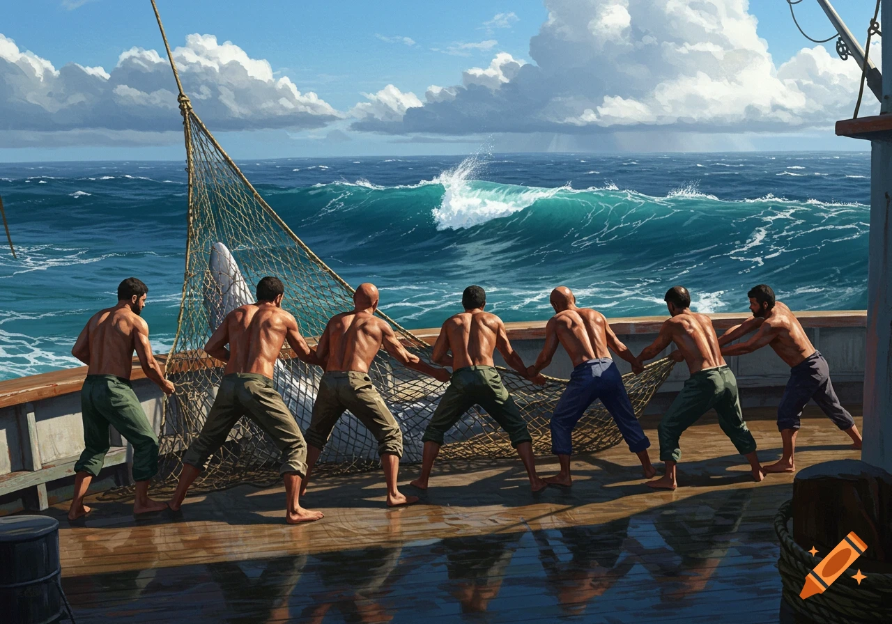 Seven muscular fishermen on a boat deck pull a large net containing a shark, with rough ocean waves and a cloudy sky.