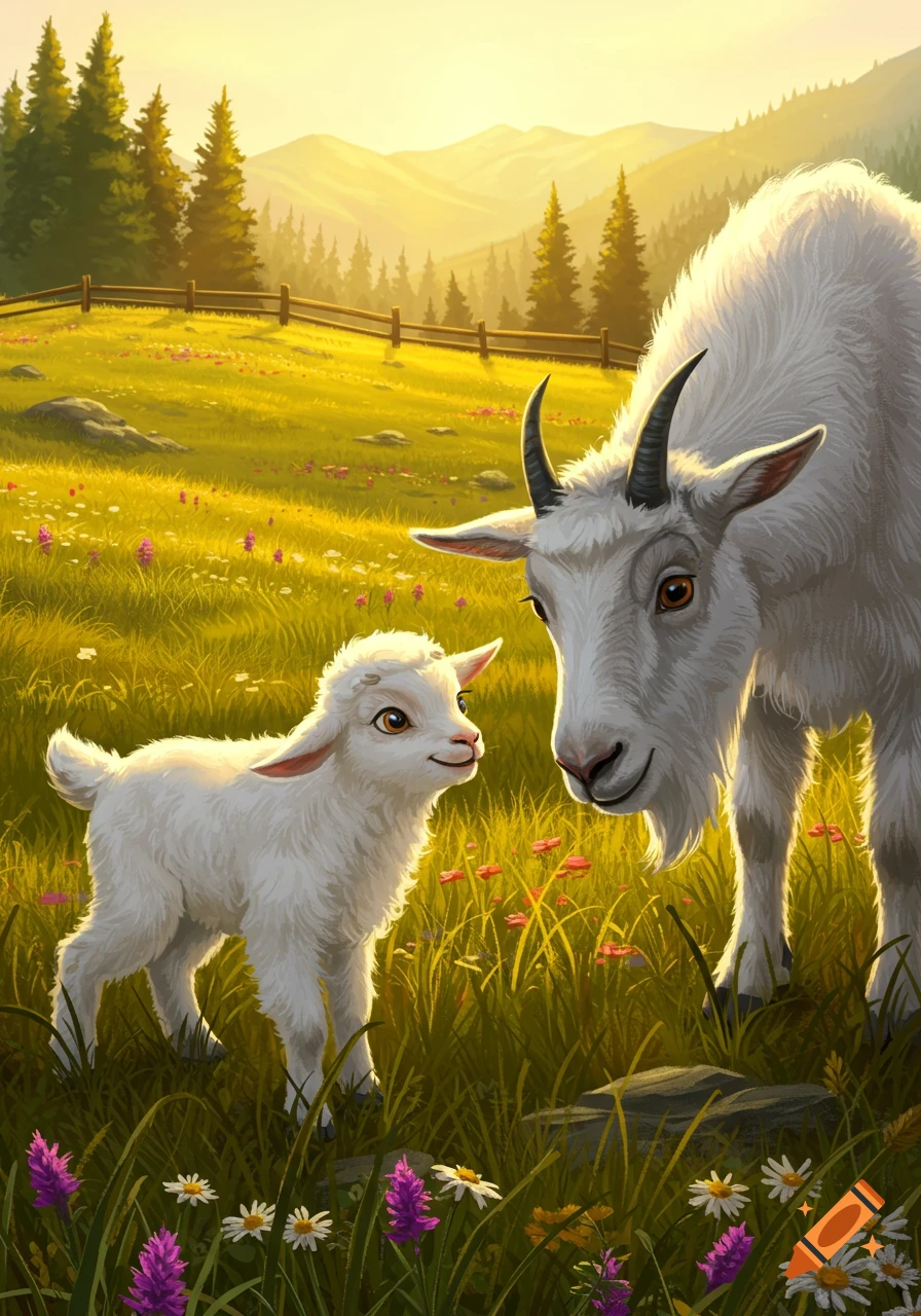 A mother goat and a young kid stand in a sunny, flower-filled mountain meadow in an illustrative style.