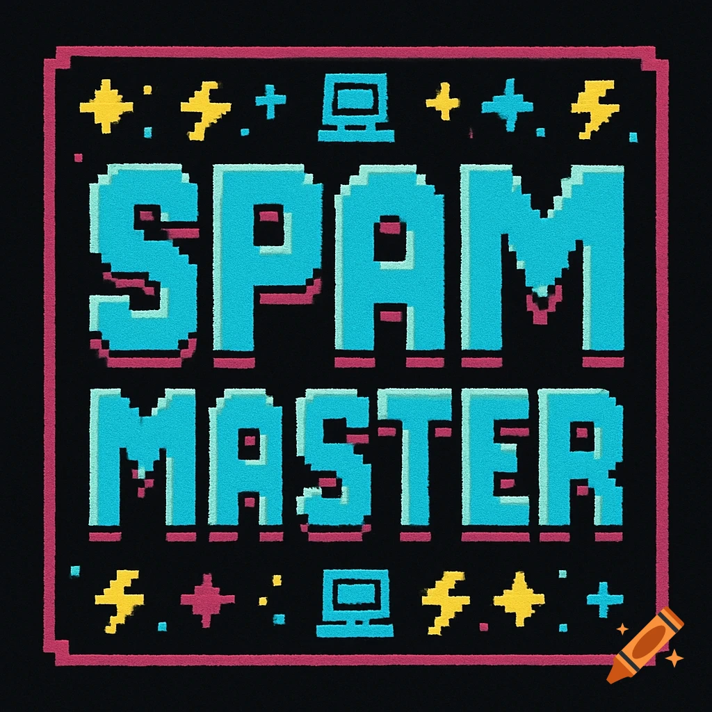 A retro pixelated logo in black, pink, and blue, featuring the text "SPAM MASTER" in large blue letters surrounded by lightning bolts and computer icons.