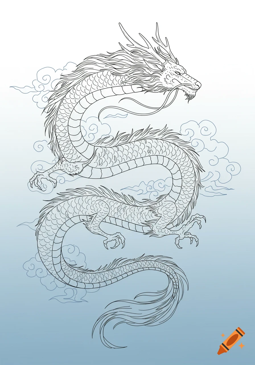 A clean black line art illustration of a majestic Chinese-style dragon with flowing mane and whiskers, surrounded by stylized Japanese clouds, against a soft blue gradient background.