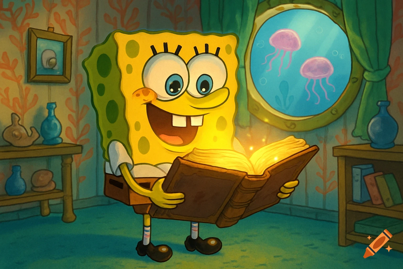 Spongebob Squarepants happily reads a glowing book in his cozy underwater home, with two jellyfish visible through a porthole.