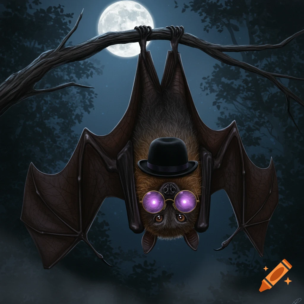 A whimsical illustration of a bat wearing a black derby hat and purple-lens glasses, hanging upside down from a tree branch under a full moon.