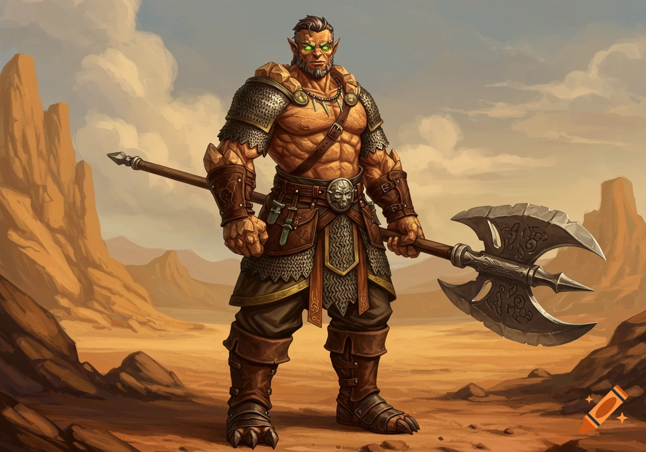 A muscular earth genasi warrior in chainmail and leather armor stands in a desert, holding a large double-bladed axe.
