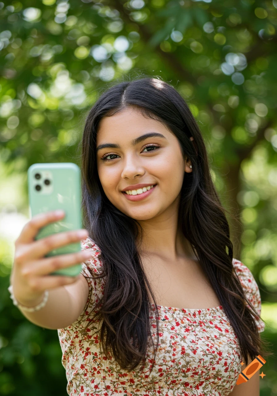 A smiling young Hispanic woman with long dark hair takes a selfie with a light green smartphone outdoors.