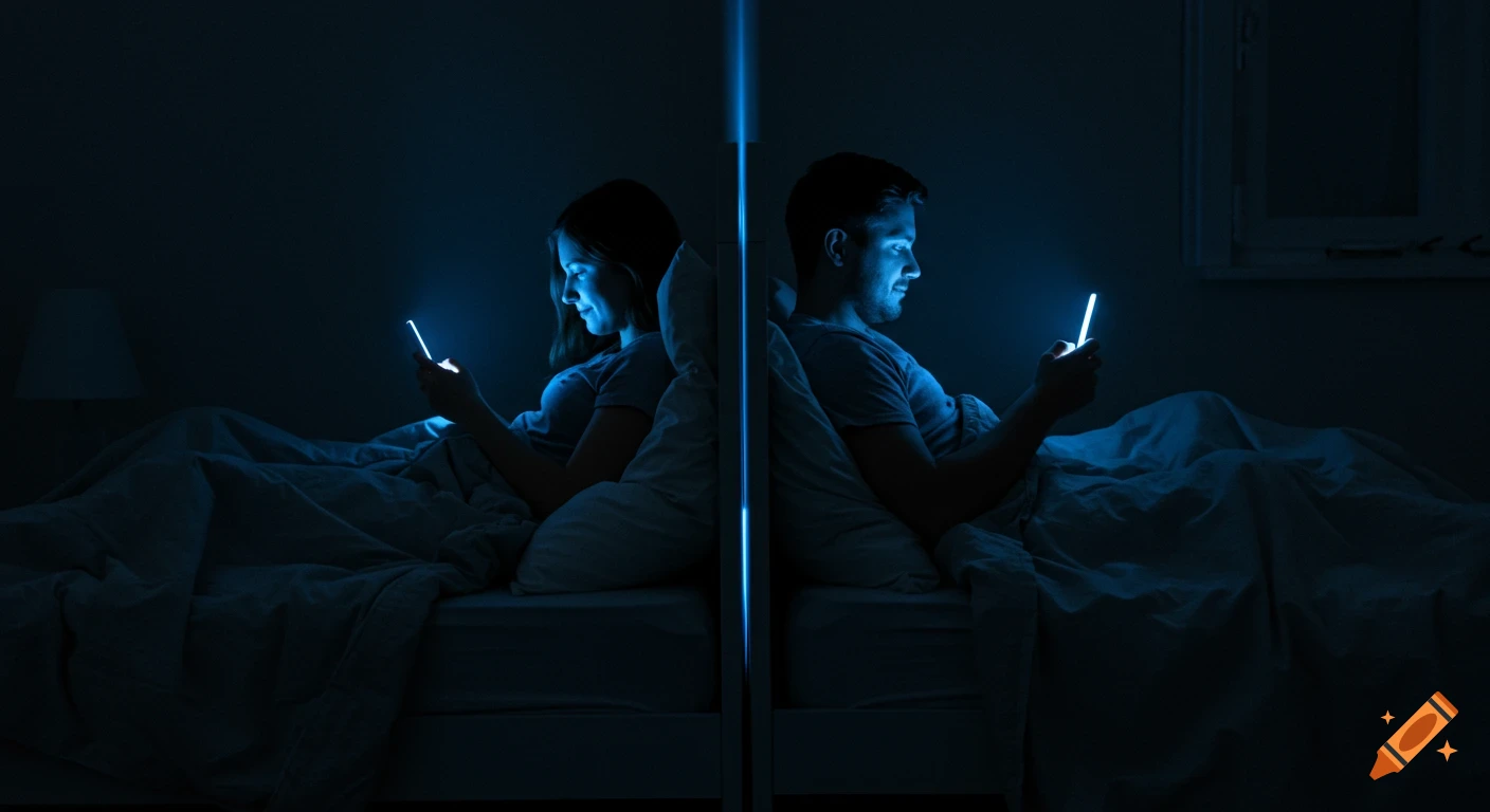 A couple in bed at night, turned away from each other, faces lit by the blue light from their smartphones, symbolizing emotional distance.