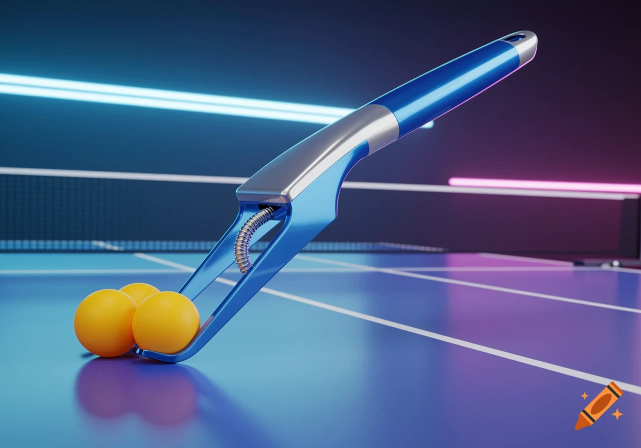 A blue and silver ping pong ball retriever tool on a blue table with three yellow balls, set against a neon-lit background.