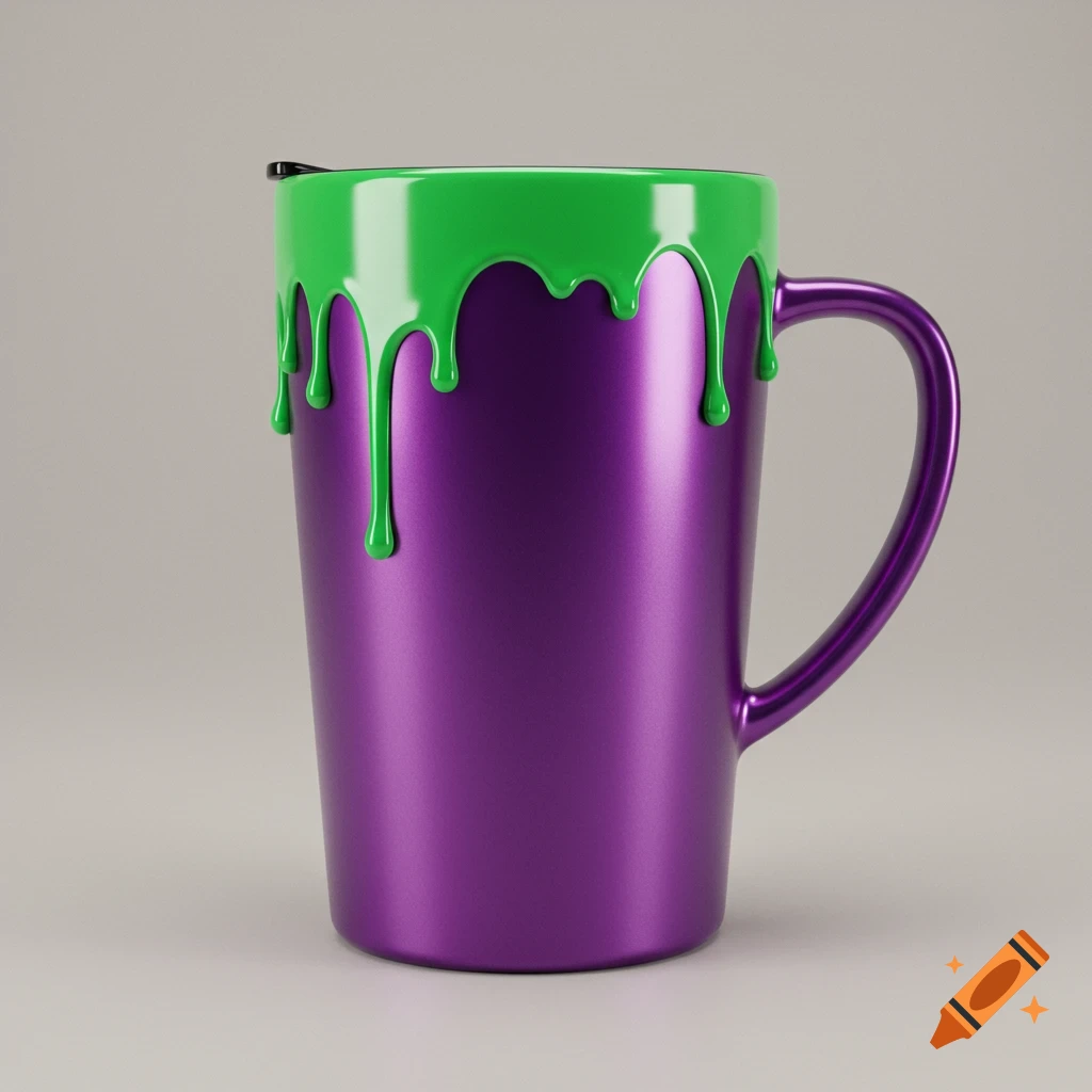 A purple stainless steel tumbler with a handle features bright green paint drips flowing from the rim down its side.