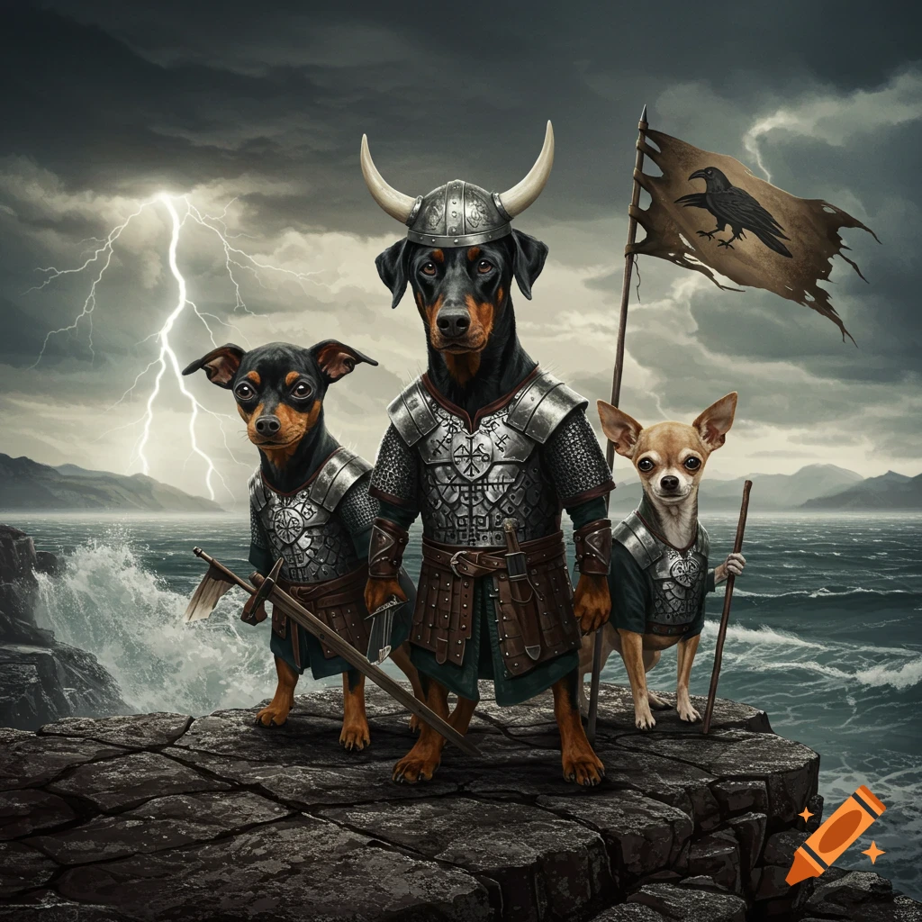 A Doberman, a miniature pinscher, and a Chihuahua in Viking armor stand on a rocky cliff overlooking a stormy sea under a lightning-filled sky.