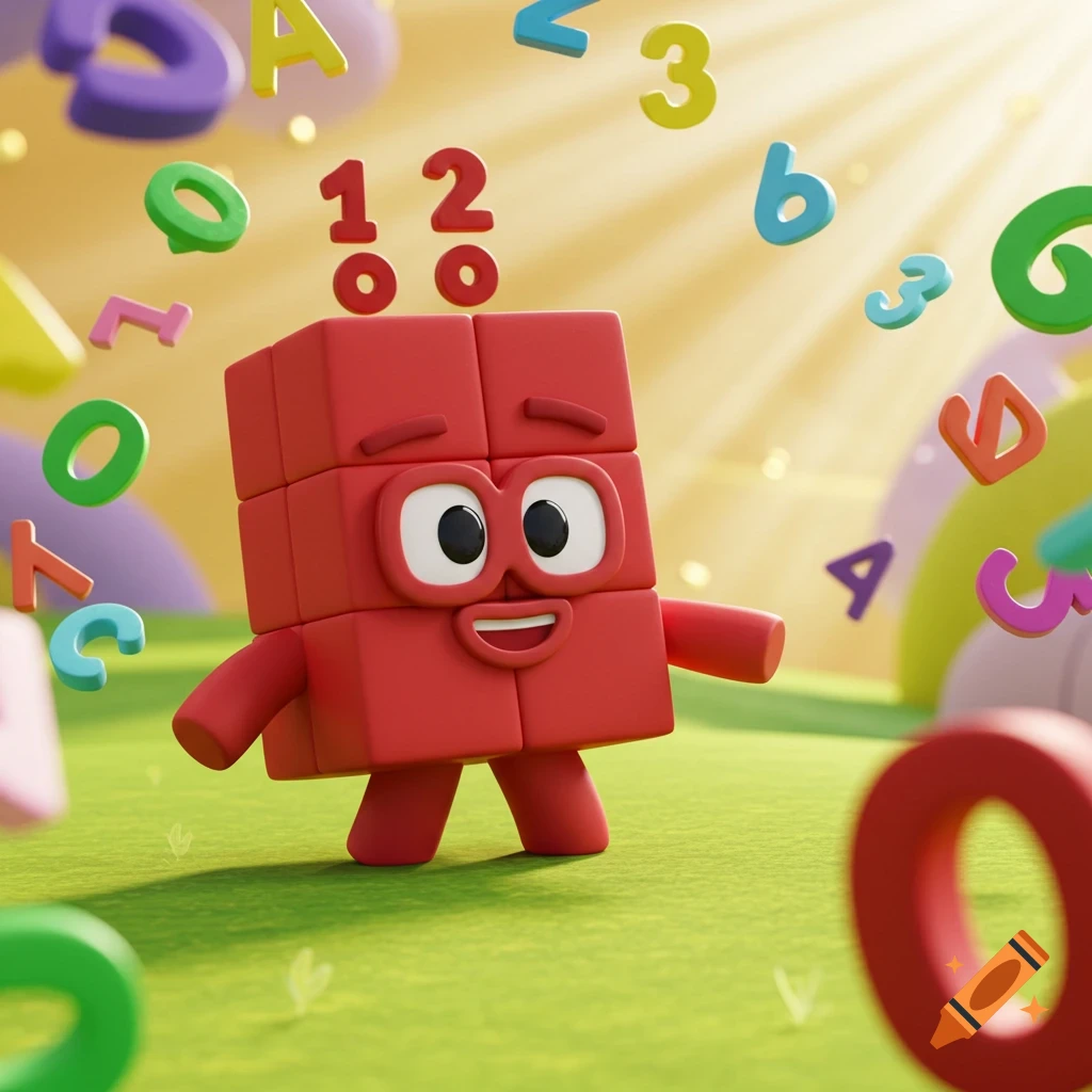 A smiling red block character on green grass with colorful floating numbers and letters in a cartoon 3D render.