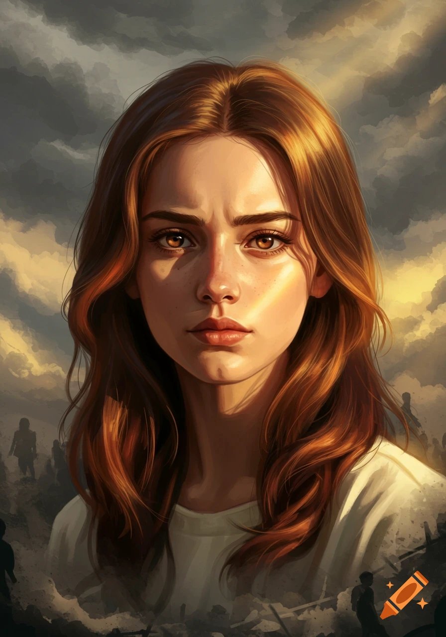 A close-up digital painting of a young woman with long wavy brown hair and intense amber eyes, looking determined against a stormy, smoky background with faint, dark figures.