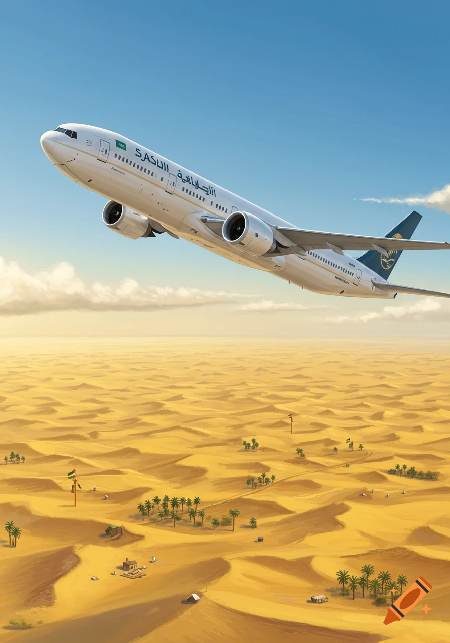 A large white airplane with green and gold markings flying low over a vast, sandy desert landscape with palm trees.