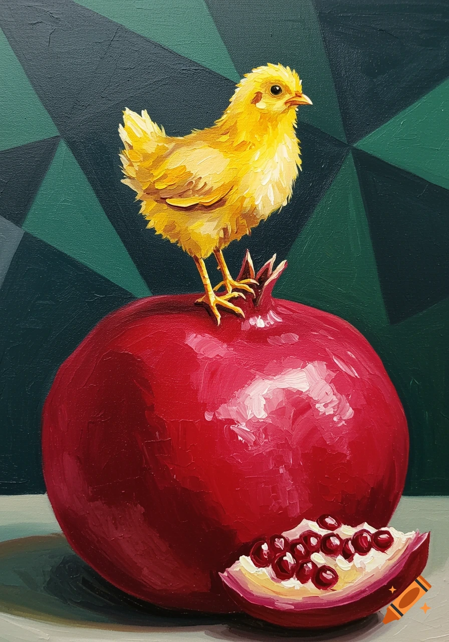 A yellow chick stands on a large red pomegranate, with a slice beside it, in a painting with a green geometric background.